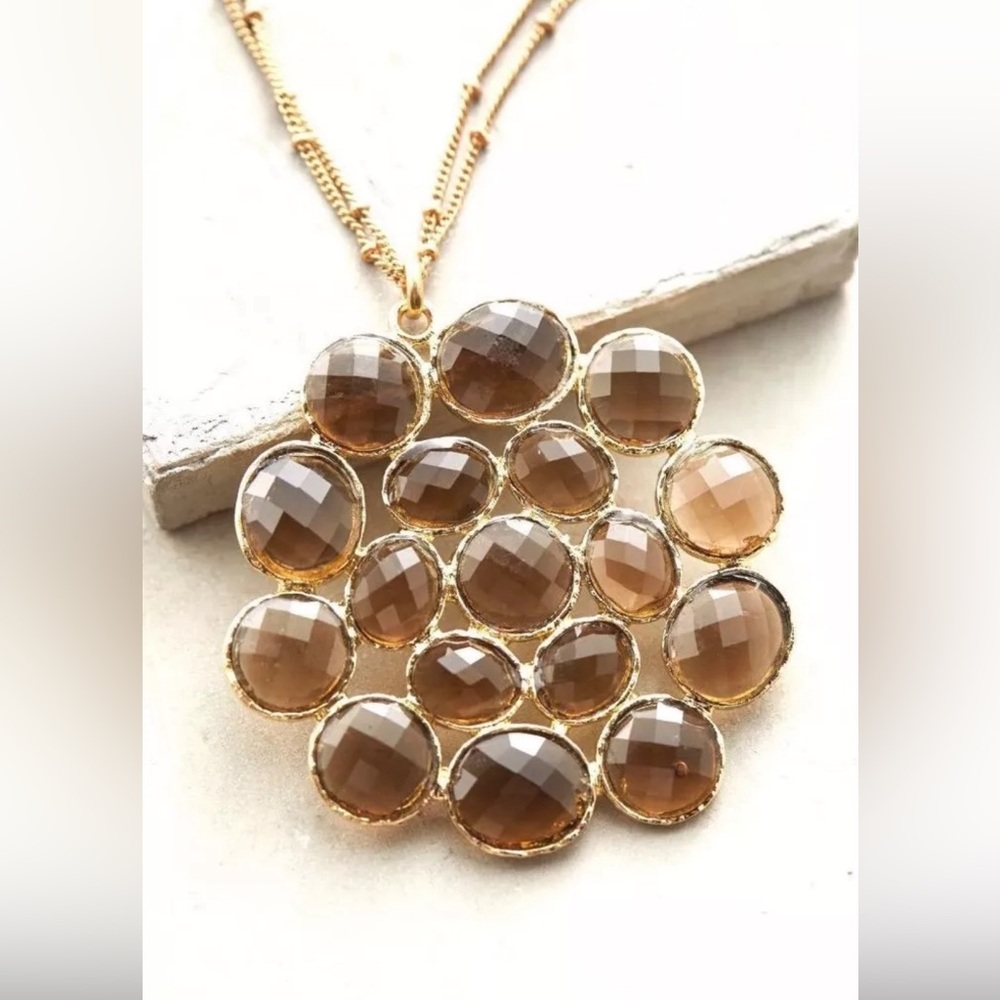 Anthropologie Brown Gold Stone Cluster Necklace Retro 70s Chain Circle Pendant - Picture 6 of 14